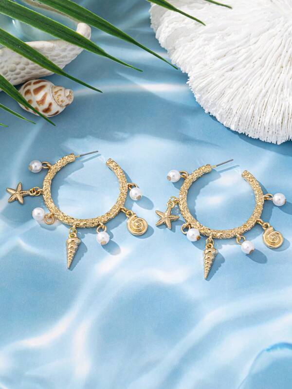 1 Pair Geometric Fashionable Starfish Faux Pearl Hoop Earrings, Suitable For Daily Wear