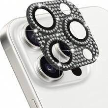 1 Set Glitter Shiny Diamond Metal Ring Tempered Glass Back Camera Screen Protector Lens Cover Compatible With IPhone - Black - View 8