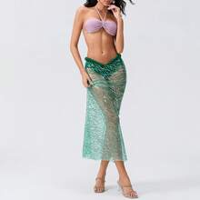 Women Mermaid Halloween Cosplay Costume, Halterneck Pearled Bra With Sequined Sheer Skirt 2-Piece Outfit - Blue - View 4