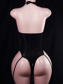 Wet Look Roleplay Bodysuit: Easy-Access, See-Through - Includes Long Sheer Stockings - 黑色 - 查看 5