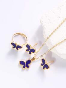 1 Set minimalistischer Stil Ohrringe, Ring, Halskette 4-teiliges Schmuckset, Schmetterling kreatives Harz-Einlegedesign, geeignet für Bankette, Partyanlässe