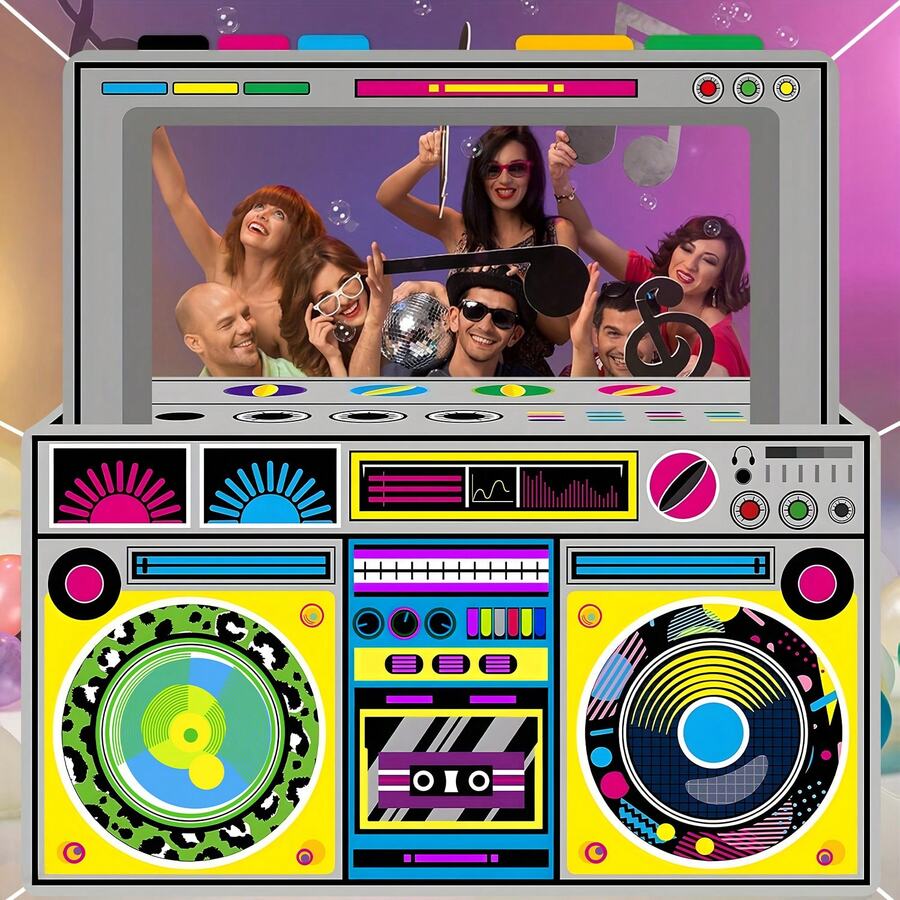 1pc Retro Polyester Radio Stereo Selfie Frame - 90s Hip Hop Party Decor With Colorful Lights & Balloons Pattern, Birthdays, Weddings, Housewarming & Celebrations, Suitable For Disco Themed Party Supplies, Party Photography Props, Fun Photography Props, Bachelor Parties,Hip-Hop Party Decoration ﻿