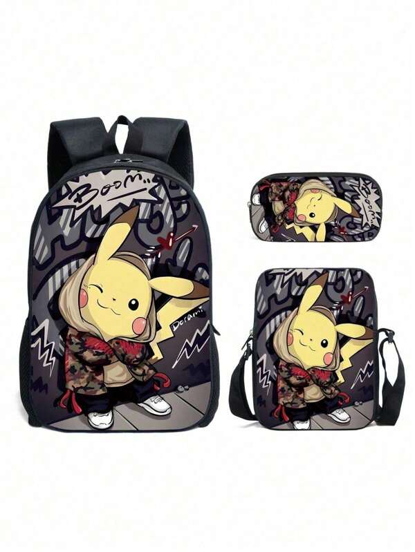 pokemon Juego de 3 piezas de bolso de lápices, mochila y bolso de hombro con animación del cielo estrellado de punto 3D para el inicio de la temporada escolar de los niños