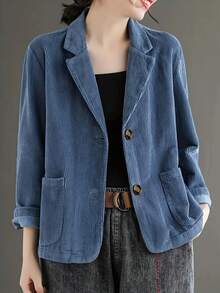 Women's Retro-Style Blue Vertical Stripe Soft Velvet Loose Autumn Suit Jacket With A Single Row Of Buttons, The Fit Is Loose, Please Buy One Size Smaller If You Are Slim, Casual And Versatile