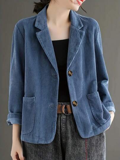 Women's Retro-Style Blue Vertical Stripe Soft Velvet Loose Autumn Suit Jacket With A Single Row Of Buttons, The Fit Is Loose, Please Buy One Size Smaller If You Are Slim, Casual And Versatile