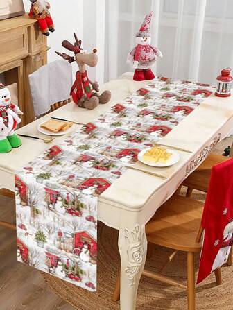 1 Stück 35*180cm Weihnachtstischläufer, Schneemann & Rotes Haus Muster Tischdecke, geeignet für Winterfeiertags-Dekoration, Festliche Heimdekoration, Esszimmer- & Couchtisch-Akzente, Verstärkung der Feiertagsatmosphäre und gemütlichen Wärme