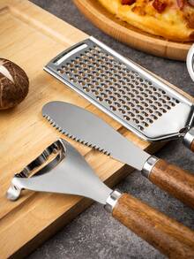 1pc Rosewood Kitchen Tool Set, Stainless Steel Peeler, Cheese Grater, Pizza Cutter, Baking Tools