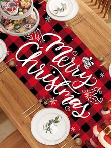 1pc 35*180cm/13.78*70.87inch Christmas Decorative Table Runner, Red & Black Plaid Santa Claus & Christmas Tree Gift Pattern, Suitable For Home Dining Table, Coffee Table, Party Decor, Holiday Gift Essential Textile Decoration - Multicolor - View 7