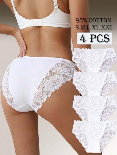 4pcs Set Elegant Solid Color Lace Trim Briefs, Women Underwear