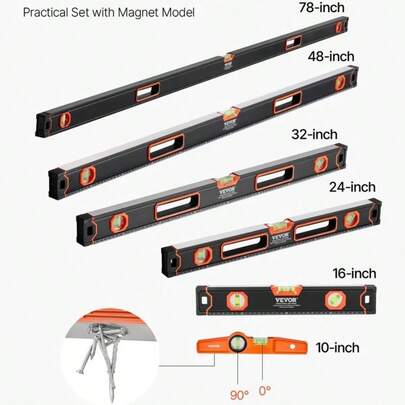 Upgraded Magnetic Torpedo Level, 78/48/32/24/16/10 In Mechanical Level Set, Bubble Vials Ruler For 45/90/180 Degree, Aluminum Alloy Leveler Tool W/ Viewing Window, Shock-Resistant For Plumbing, Wood Measurement