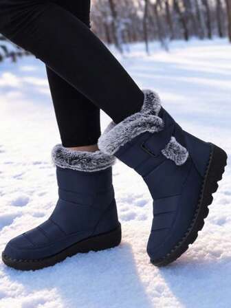 女士加厚保暖雪地靴，短筒，圆头，尺码 36-45，保暖内衬，防滑平底靴，加大码厚冬鞋