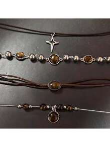 1/4 Stücke Vintage Leder Braun Edelstein Anhänger Halskette, mehrschichtige Choker Halskette, elegante Schlüsselbein Kette für Frauen, Herbst/Winter
