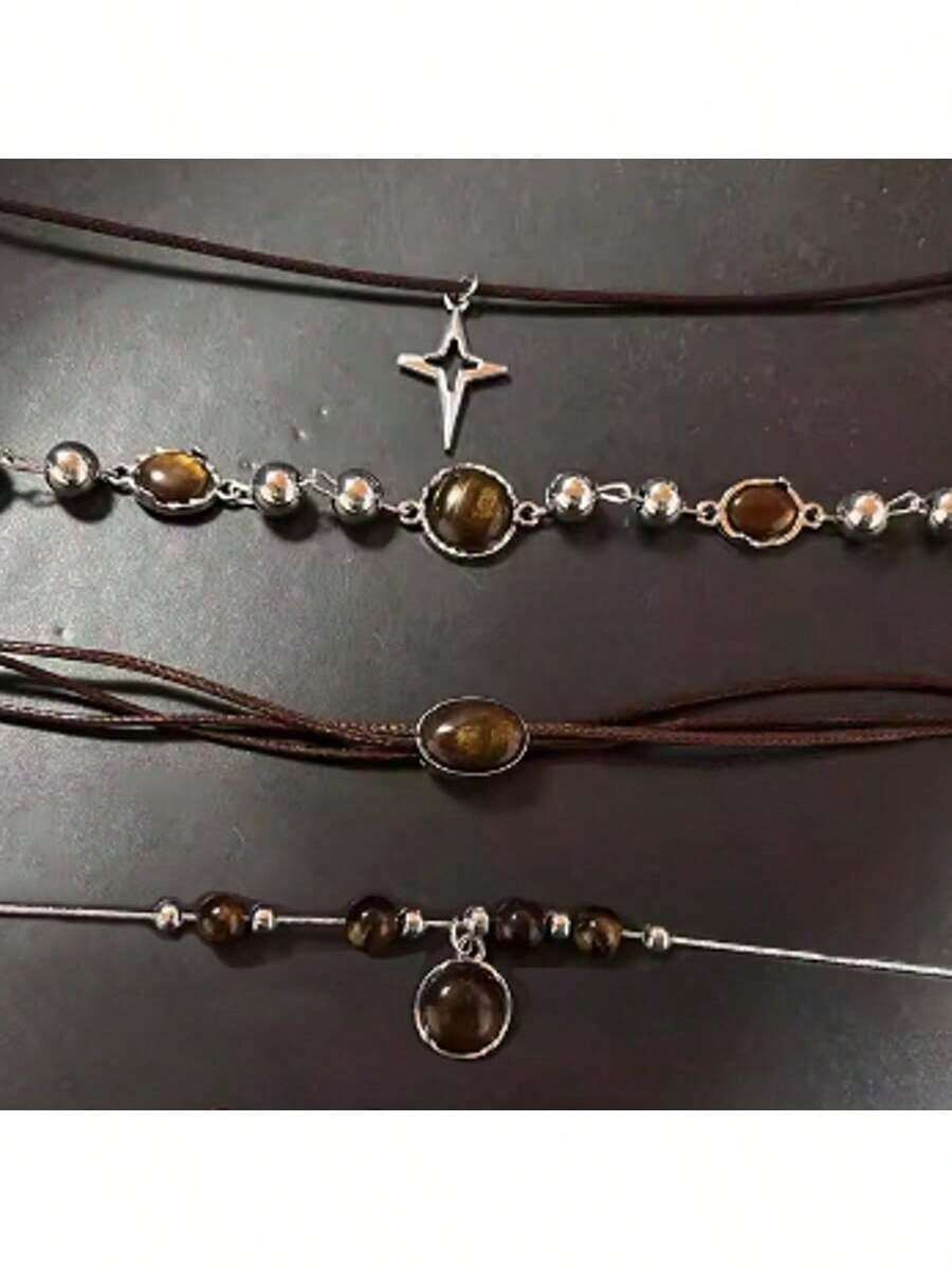 1/4 Stücke Vintage Leder Braun Edelstein Anhänger Halskette, mehrschichtige Choker Halskette, elegante Schlüsselbein Kette für Frauen, Herbst/Winter