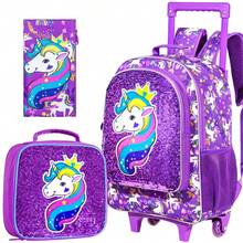 3PCS Rolling Backpack For Girls, Crown Unicorn Kids Roller Wheels Bookbag, Wheeled School Bag With Lunch Bag