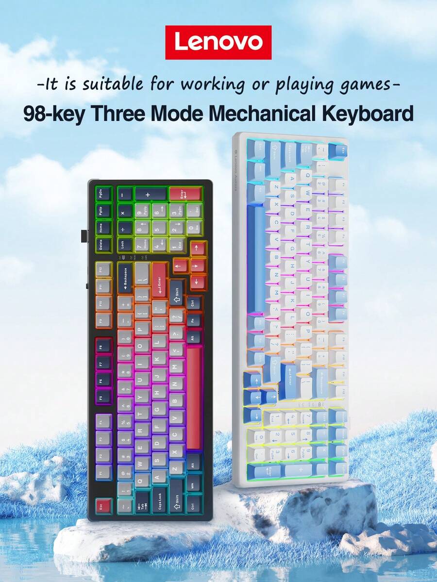 Lenovo GK10 Three-Mode Game Keyboard, 98 Keys, Plug And Play, Real Mechanical Shaft, All-Key Hot Swap, Cool RGB Lighting Effect, Large-Capacity Battery, Suitable For Daily Office Or Playing Games.