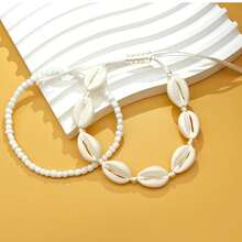 2pcs Bohemian Beach Style Shell And Bead Anklet, Handmade Adjustable Shell Ankle Chain With Shell Design, Perfect For Beach Vacation, Casual Foot Jewelry - Two-piece Set - View 2