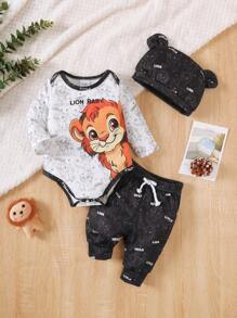 3件套“勇敢小狮子宝宝”幼儿长袖上衣、狮子印花裤子和带耳朵帽子套装，轻盈柔软
