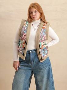 Rusttydustty Giacca smanicata bohémien con stampa geometrica colorblock e patchwork, calda e alla moda, adatta per l'autunno/inverno - Moka Marrone - Visualizzare 5