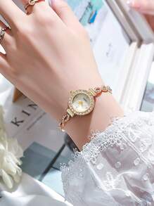 1pc/2pcs Fashionable Women's Bracelet Watch, Luxury Round Dial With Rhinestone Diamond Crystal Ripple Design, Alloy Quartz Watch, Gift For Girlfriend