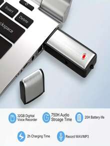 数码录音笔，32GB 录音笔，防噪音 USB 录音设备，可充电录音笔，适用于讲座、采访、会议和课程