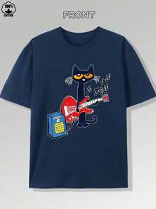 Vibrant Music Guitar Kitten Print T-Shirt -180g, Pure Cotton Short Sleeved Round Neck Top, Fashionable And Casual Boutique Men's T-Shirt,High Quality - 海軍 - 查看 1