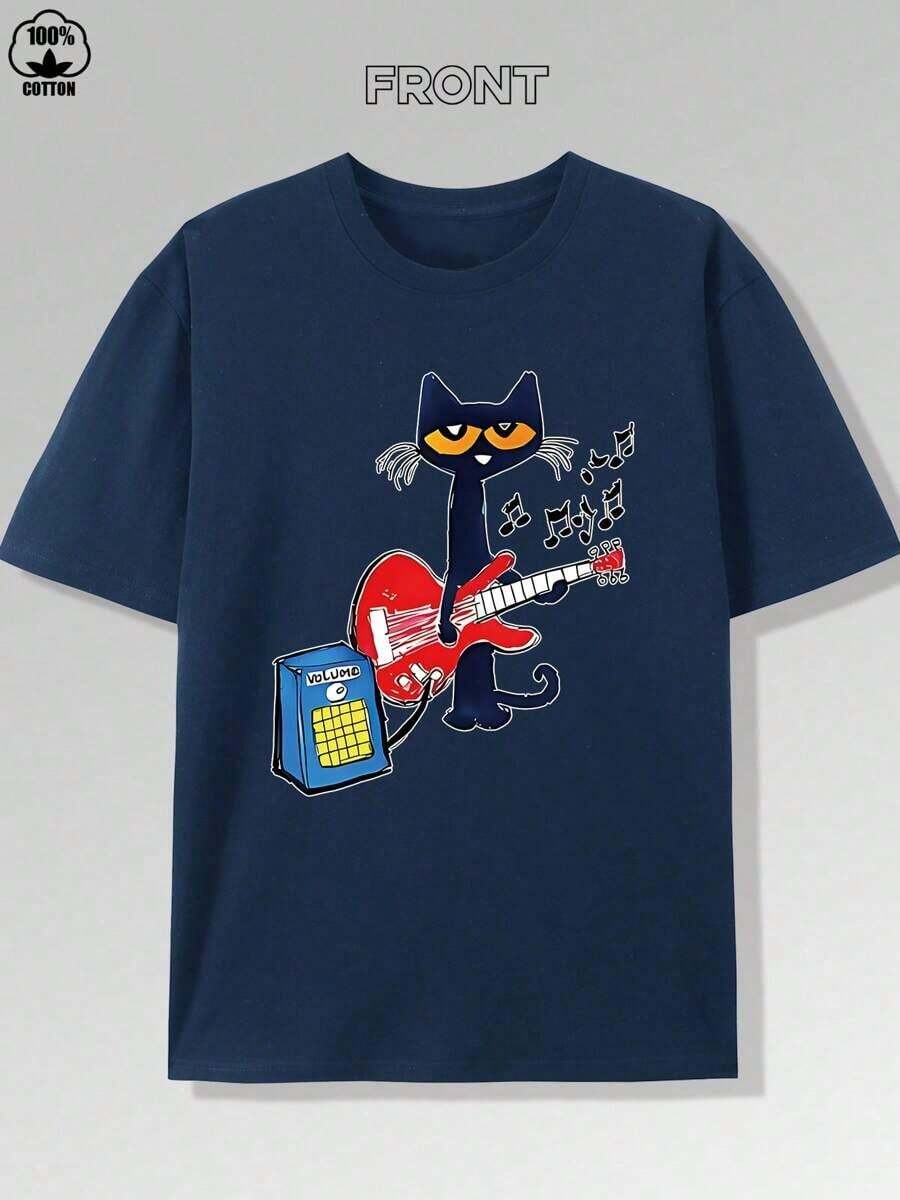 Vibrant Music Guitar Kitten Print T-Shirt -180g, Pure Cotton Short Sleeved Round Neck Top, Fashionable And Casual Boutique Men's T-Shirt,High Quality - 海軍 - 查看 1