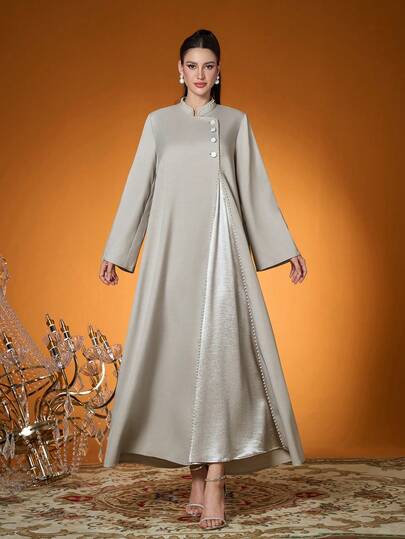 Elegante, recém-chegado, feminino, cor lisa, tecido, bordado com miçangas, robe longo (não incluso, dentro)