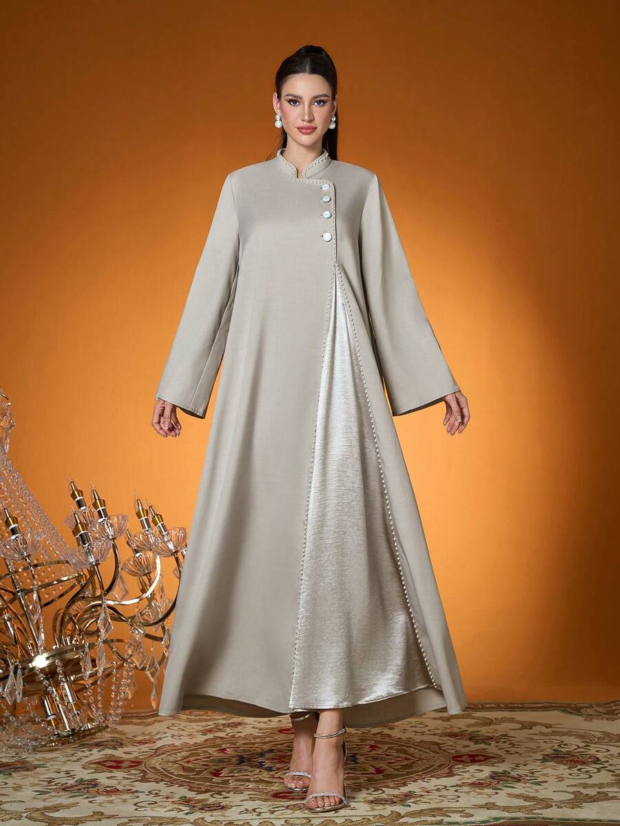 Elegante, recém-chegado, feminino, cor lisa, tecido, bordado com miçangas, robe longo (não incluso, dentro)