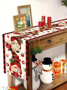1 pieza 35*180cm/13.78*70.87 pulgadas Camino de mesa de poliéster con tema de gnomo de chocolate caliente, patrón de gnomo a cuadros rojos, cubierta de mesa de comedor navideña para fiesta festiva, decoración de mesa de cocina de Año Nuevo