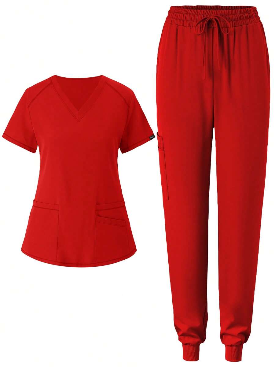 Women's Matte Elastic Jogging Nurse Scrub Uniform Set With Pocket, Breathable Brush Hand Clothing, Workwear - trái cam - Xem 1