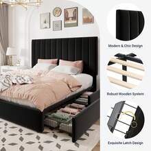 Allewie Full/Queen/King Size Storage Bed Frame, Vertical Channel Tufted Adjustable Headboard, Velvet Upholstered Platform Bed With 4 Oversized Underbed Drawers, Wooden Slats Support, No Box Spring Needed, Black - màu đen - Xem 5
