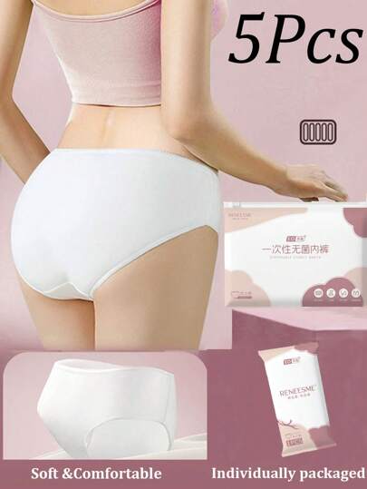 5pcs/Pack Women's Disposable Underwear, Sterile, Maternity/Postpartum Daily Disposable Travel Panties, Plus Size High Waist Briefs, Comfortable & Hygienic, Suitable For Travel, Business, Outdoor, Menstrual & Postpartum Care (Random Packaging Color)