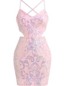 Teen Homecoming Dress Sequins Bodycon Mini Spaghetti Strap Floral Glitter - Berwarna merah muda - View 4