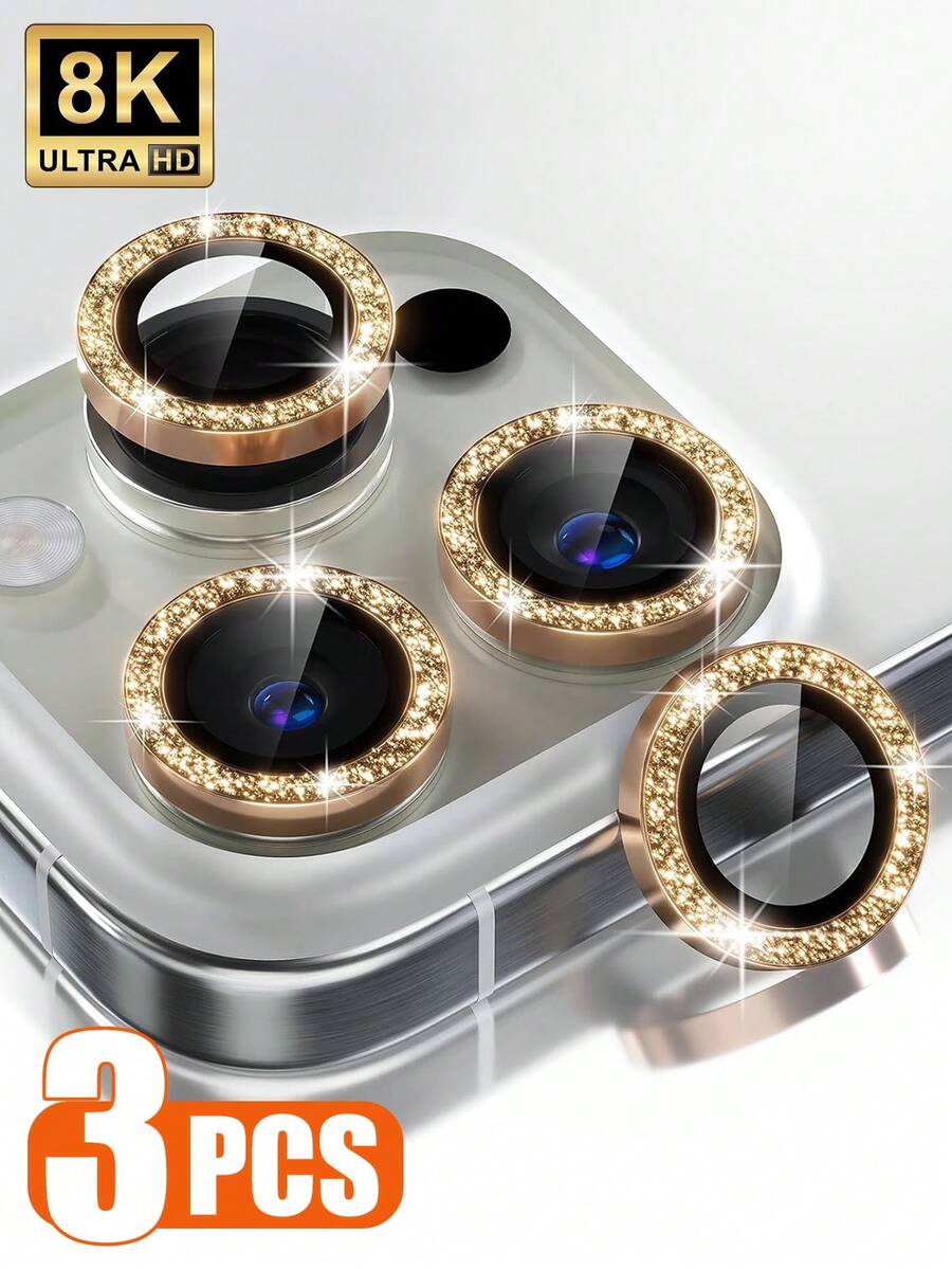 ZYONS 3pcs Camera Lens Protector Film, Compatible With IPhone 17 Pro Max/17 Pro/17 Air/17/16 Pro Max/16 Plus/16E/15 Pro Max/14/13/12/11, 9H Tempered Glass Camera Cover Screen Protector, Metal Ring Decorative Accessory (Gold) - Gold - View 1