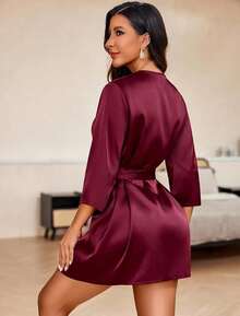 Women's Kimono Robe Short Satin Pure Short Silky Robes - Đỏ sẫm - Xem 5