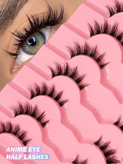  7对Asiteo自然半条假睫毛，卡通眼妆，透明带假睫毛，精致3D仿貂毛假睫毛，柔软假睫毛条