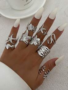 9pcs Bohemian Ocean Style Metal Starfish, Shell, Coral Rings, Elegant Gold Flower Rings, Personalized Multi-Element Geometric Hollow Rings Set, Adjustable Open Rings, Suitable For Women's Daily Dates, Beach Vacations, Party Decorations, Holiday Gifts - 9-piece Ring Set - View 4