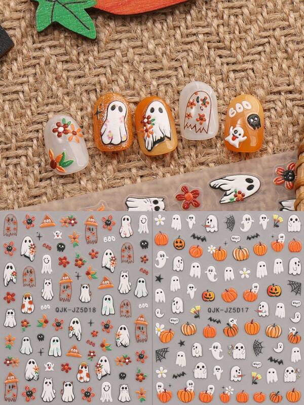 2 pièces Autocollants de manucure de soulagement de dessin animé mignon d'Halloween - Fantôme, Citrouille, Araignée, Impoke et Fleur Design, Décalcomanies de manucure auto-adhésives pour femmes, Finition en relief 5D, Thème mignon, drôle et de dessin animé, Facile à appliquer Décoration d'ongles, DIY, Cadeaux de fête, Style de fête