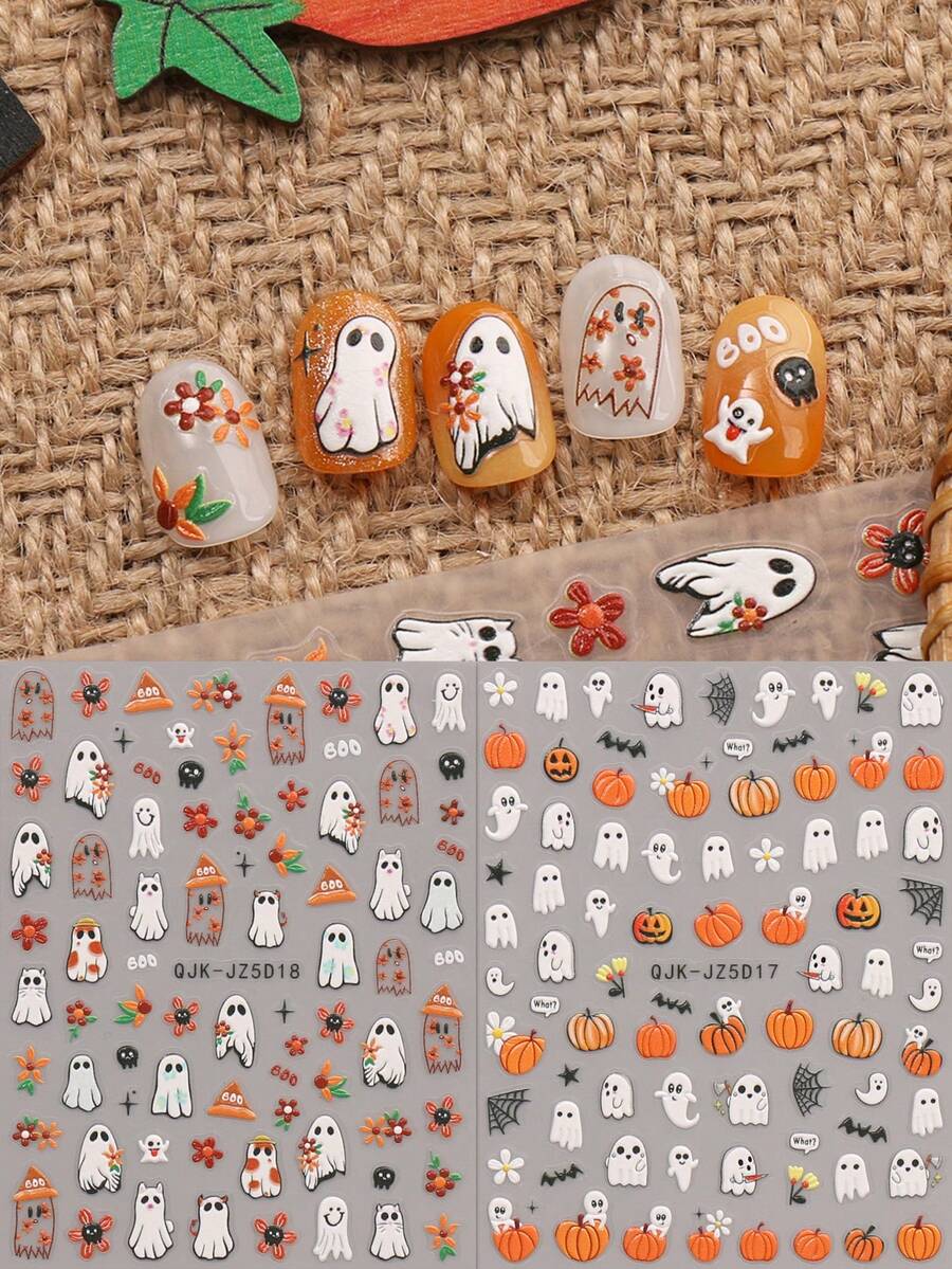 2片可爱卡通万圣节美甲浮雕贴纸 - 幽灵、南瓜、蜘蛛、小精灵和花朵图案，女士自粘美甲贴，5D立体浮雕效果，可爱、有趣、卡通主题，易于粘贴，可用于美甲装饰、DIY、节日礼物、派对美甲 - 彩色 - 查看 1