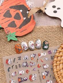 2 件可爱卡通万圣节美甲浮雕贴纸 - 鬼魂、南瓜、蜘蛛、小鬼和花朵图案，女士自粘美甲贴花，5D 浮雕饰面，可爱、有趣和卡通主题，易于粘贴指甲装饰、DIY、节日礼物、派对风格 - 彩色 - 查看 5