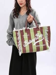 绿棕色学院风撞色条纹托特包，Y2K多巴胺单肩包，大容量周末旅行通勤包 - 棕色 - 查看 4