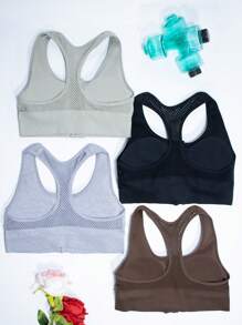 4-częściowy wielokolorowy bezszwowy biustonosz sportowy z zamkiem błyskawicznym z przodu, cienki, wyściełany, z tyłu w kształcie litery I, z wyciętymi plecami i oddychającą siateczką rybacką