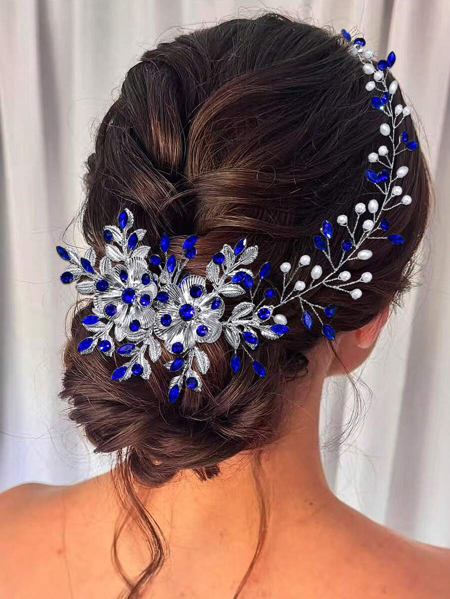1pc Handmade Alloy Leaf Headband, Elegant Fashion Accessory For Brides And Bridesmaids - Màu xanh lam - Xem 1