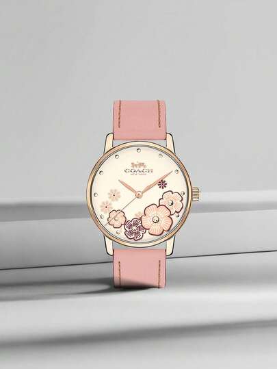 Coach Women's Pink Leather Strap Quartz Wrist Watch With Camellia Pattern Dial Watch Gold-Tone Round Case Watch Elegant Dainty Ladies Watch