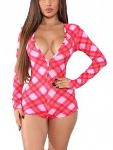 Women's Sexy Romper Shorts, Funny Print Long Sleeve Button Down Deep V Neck Bodysuit - Cuadrícula rosa - Ver 2