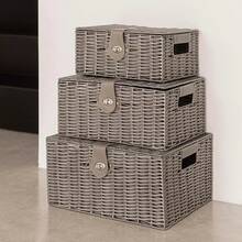 Vencier Set Of 3 Resin Woven Storage Basket Box With Lid & Lock, Black, Large, Medium, Small - Black - View 3