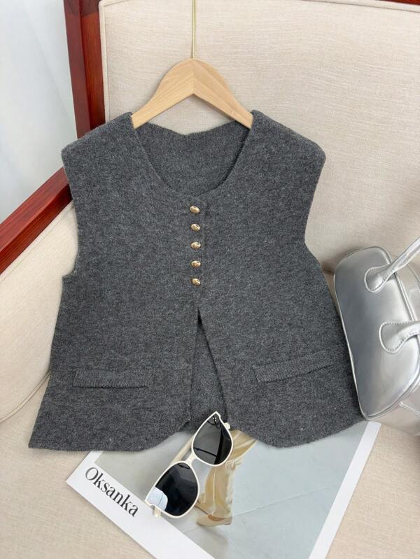 Gestrickter Damenweste mit Metall-Schnalle und Fake-Tasche, französischer eleganter Stil Pullover für Business-Lässig-Outfits, Herbst/Winter