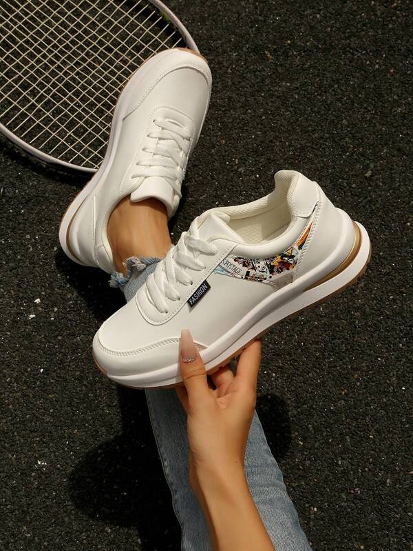 Fashionable Printed Casual Sneakers For Women, Comfortable Thick-Soled White Shoes, Lace-Up Skate Shoes Suitable For Daily Casual Wear