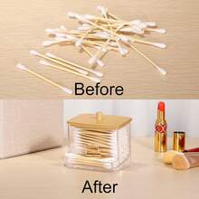 1 Pc Acrylic Qtip Holder With Bamboo Lid, Clear Small Cotton Swab Dispenser, Plastic Ear Stick Swabs Holder, Square Toothpick Storage Container, Bathroom Countertop Decorative Storage Organizer