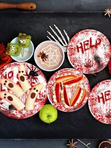 30pcs Halloween Bloody Rave Party Table Runner Set Tableware Set:Includes 10 Halloween Napkins, 10 9-Inch Plates And 10 7-Inch Plates For Halloween Zombie Skeleton Bloody Party Table Decorations - Halloween Party Decorations